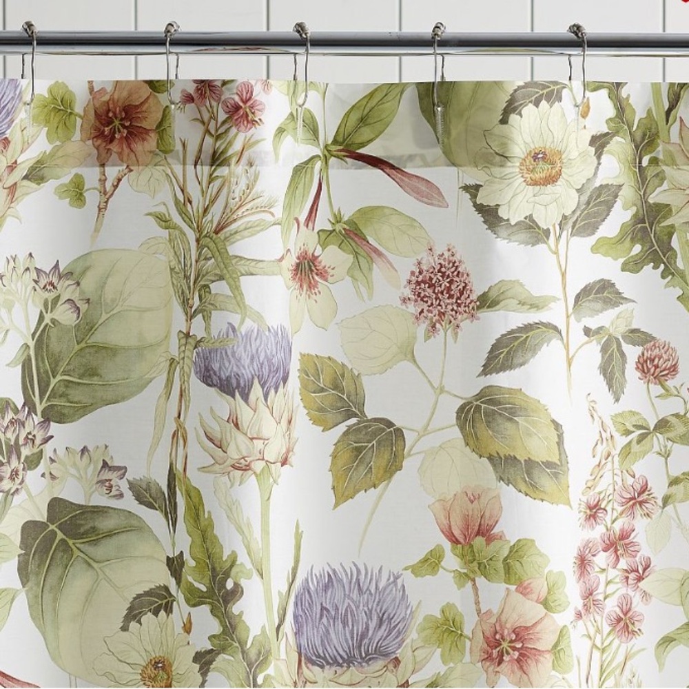 Pottery Barn Green and Cream Shower Curtain with Floral Design
